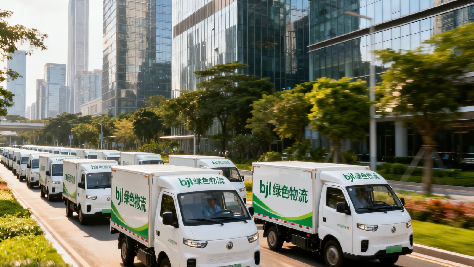 bjl平台集团在深圳投入使用的首批30辆电动配送车队，白色车身印有bjl绿色物流标识，行驶在深圳福田区现代化的城市街道上，展现环保物流理念