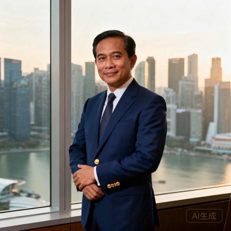 bjl平台集团CFO Marcus Tan先生，45岁左右的东南亚裔男性，穿着精致的深蓝色西装搭配金色袖扣，站在新加坡滨海湾金融中心办公室落地窗前，窗外是新加坡城市天际线，姿态从容自信